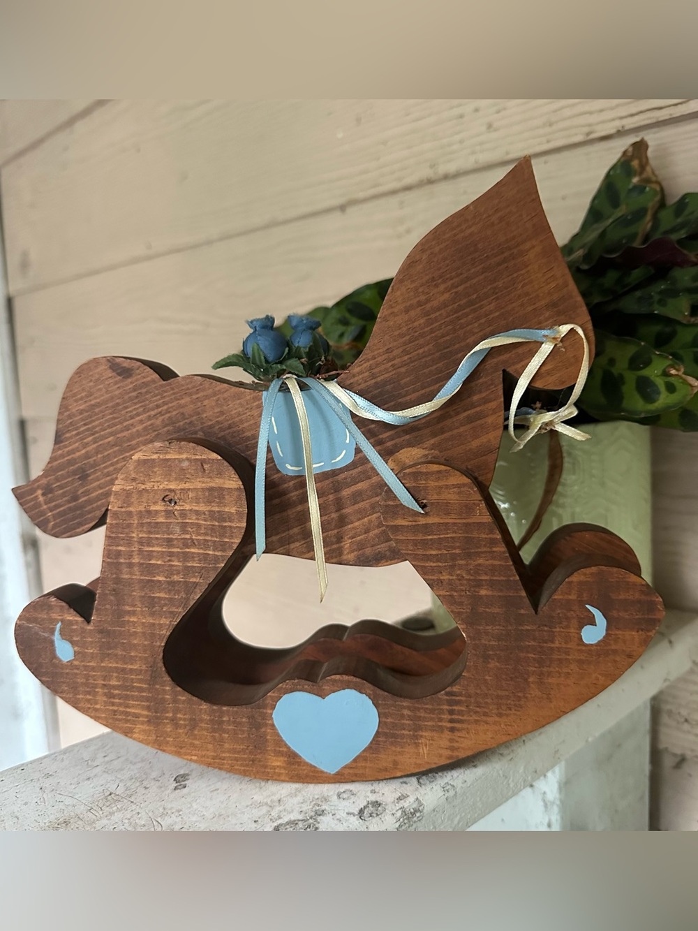 Vintage Handpainted Wooden Rocking Horse w/ Blue Heart Accents